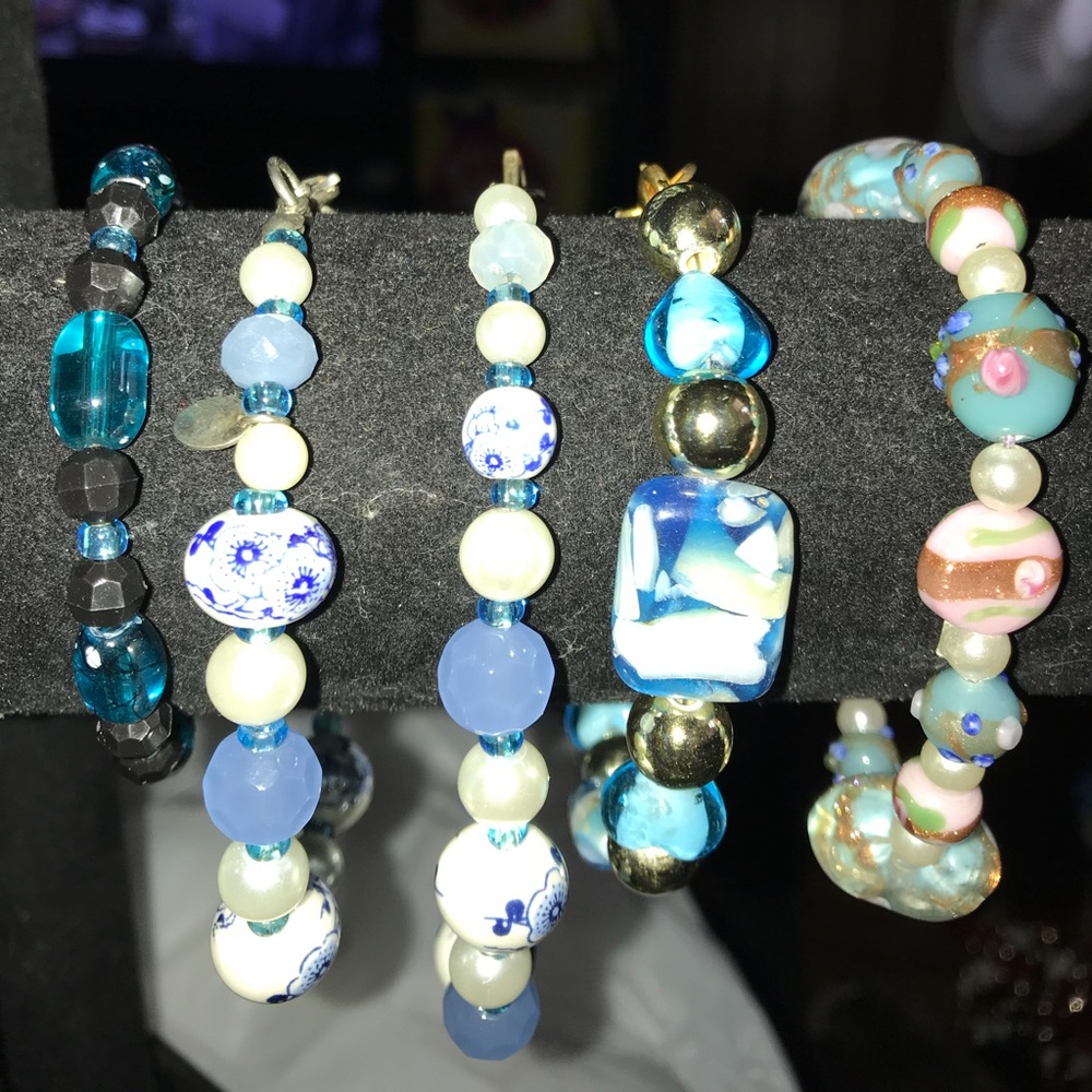 New Lampwork Bead Bracelets Shades of Blue Stretch